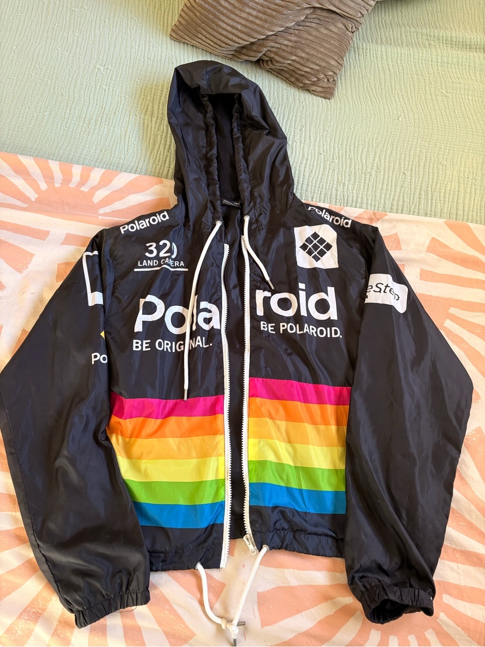 Polaroid Black Hooded Jacket with Rainbow Stripe Bands
